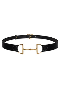 Gucci women’s oversize clamp belt black featuring a black leather strap with a gold-tone horsebit buckle
