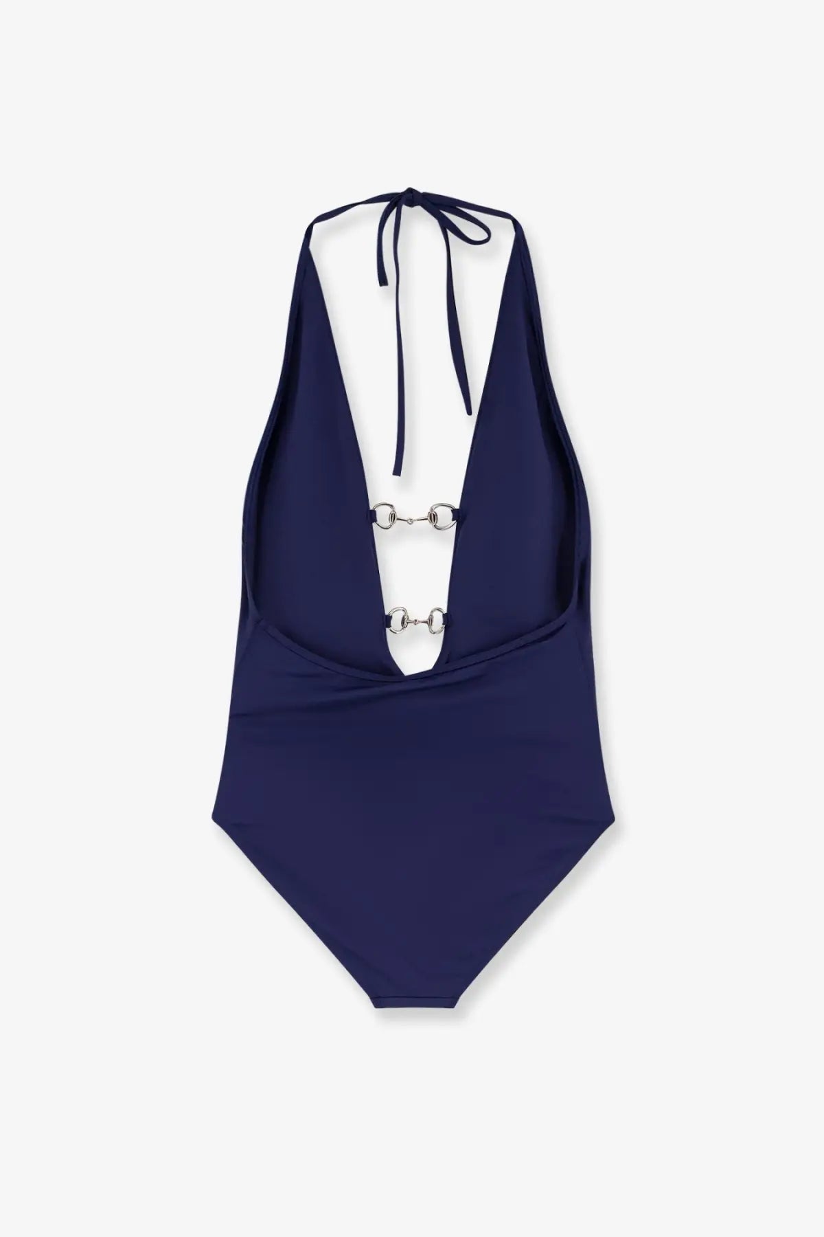 Gucci women’s navy blue halter one-piece swimsuit with silver horsebit buckle and adjustable tie-back straps viewed from back