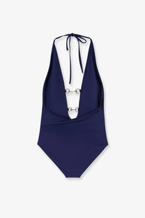 Gucci women’s navy blue halter one-piece swimsuit with silver horsebit buckle and adjustable tie-back straps viewed from back