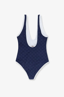 Gucci women’s one piece swimwear navy blue with white trim and subtle textured pattern for stylish beachwear