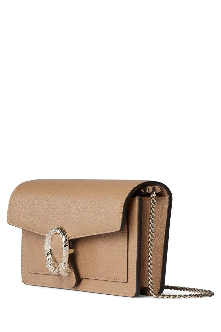 Gucci women’s portfolio Dionysus beige leather crossbody bag with gold-tone circular clasp and chain strap