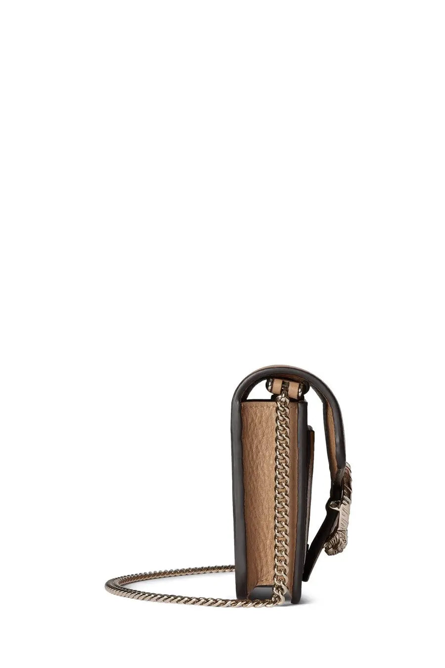 Gucci womens portfolio dionysus beige sleek rectangular tan and black leather crossbody bag with gold chain strap and metallic clasp