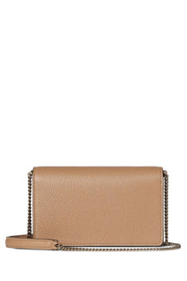 Gucci women’s portfolio Dionysus beige tan leather crossbody bag with chain strap and matching fabric shoulder pad