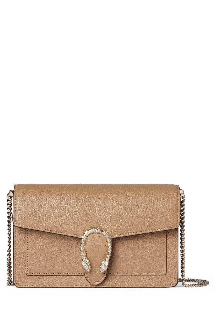 Gucci women’s portfolio Dionysus tan pebbled leather crossbody bag with silver snake-bite clasp and chain strap
