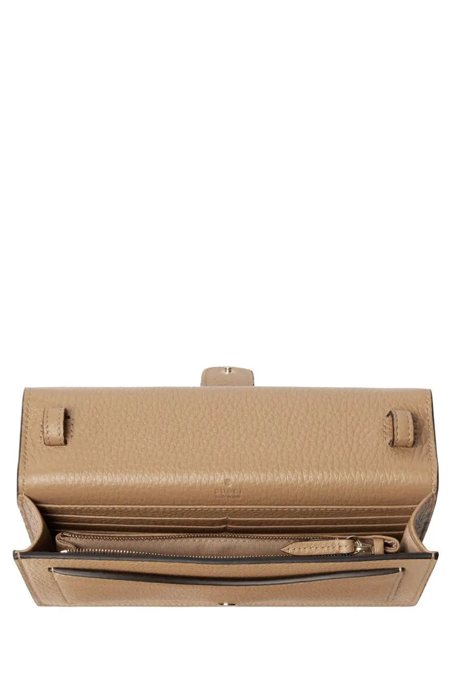 Gucci women’s portfolio Dionysus beige leather clutch with textured minimalist design and gold-tone zipper
