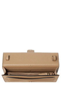 Gucci women’s portfolio Dionysus beige leather clutch with textured minimalist design and gold-tone zipper