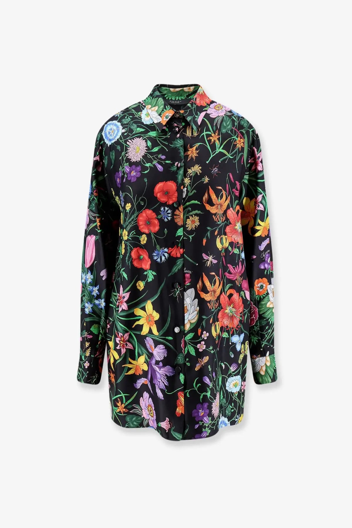 Gucci women’s printed silk shirt black with vibrant multicolored floral print and green vine detail