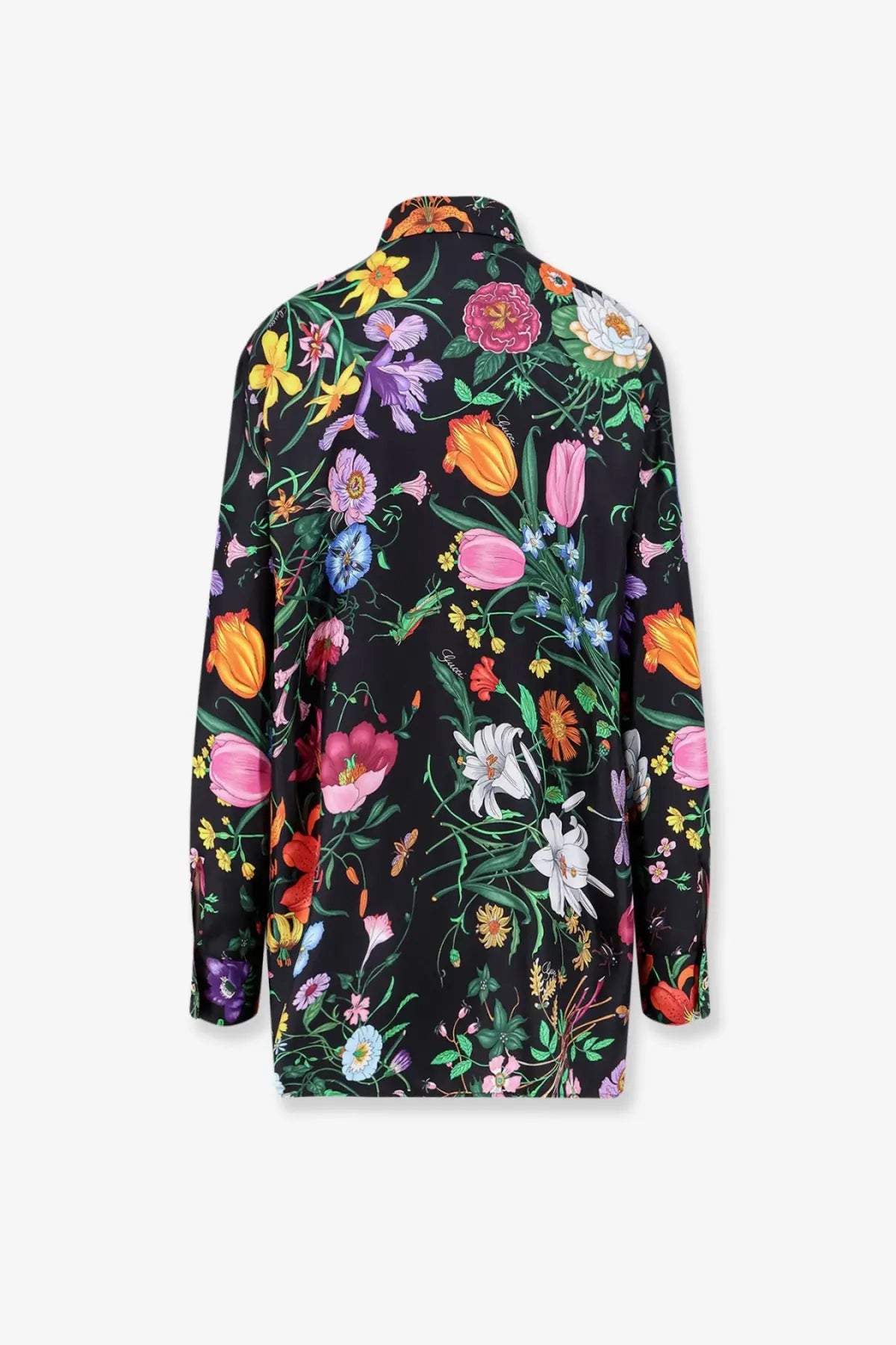 Gucci women’s printed silk shirt black with long sleeves featuring vibrant multicolored floral print and green stems