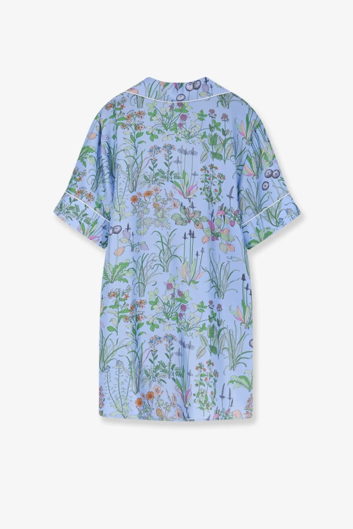 Gucci women’s light blue silk pajama top with detailed green pink and orange botanical print