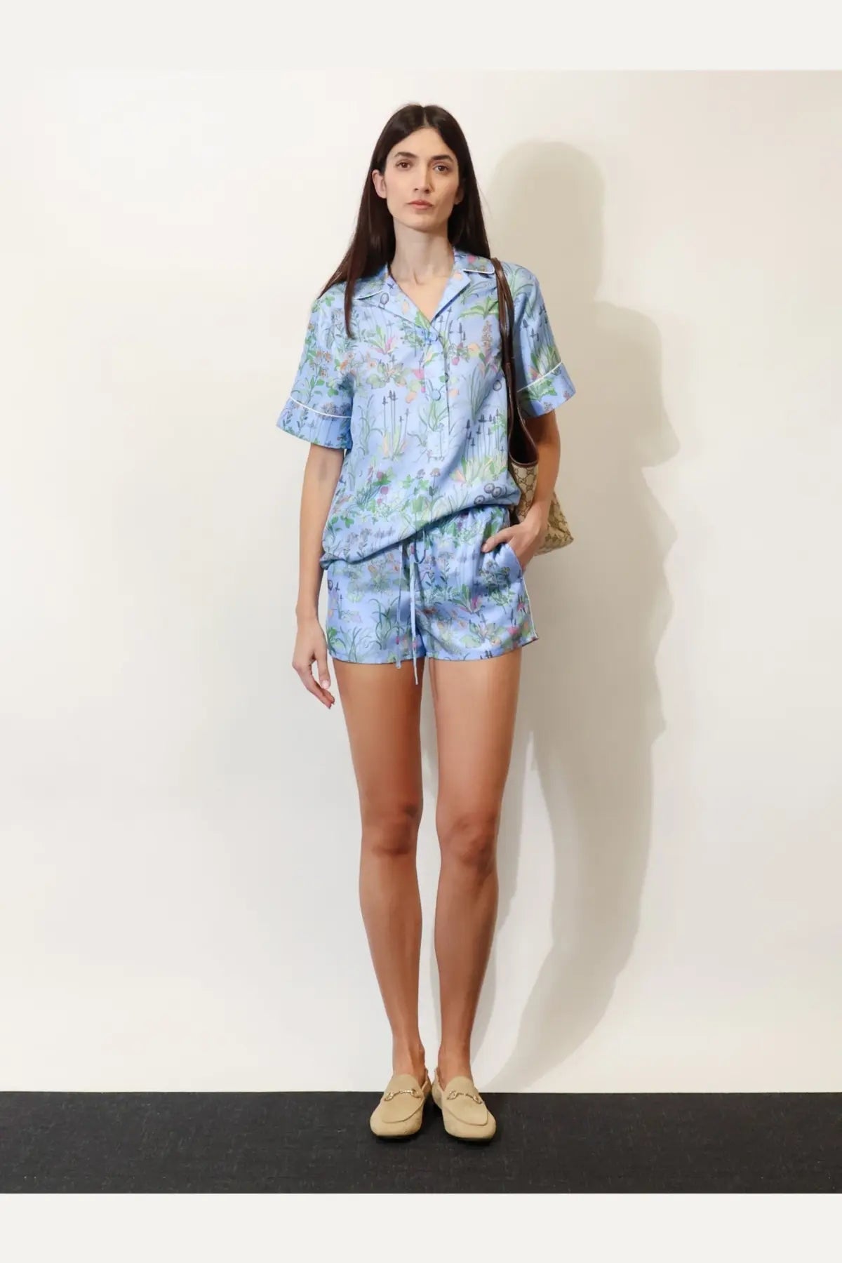 Light blue silk pajama set with delicate floral pattern and short sleeves from gucci womens printed silk shirt white collection