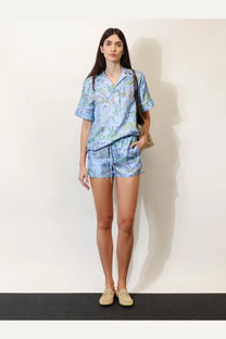 Light blue silk pajama set with delicate floral pattern and short sleeves from gucci womens printed silk shirt white collection