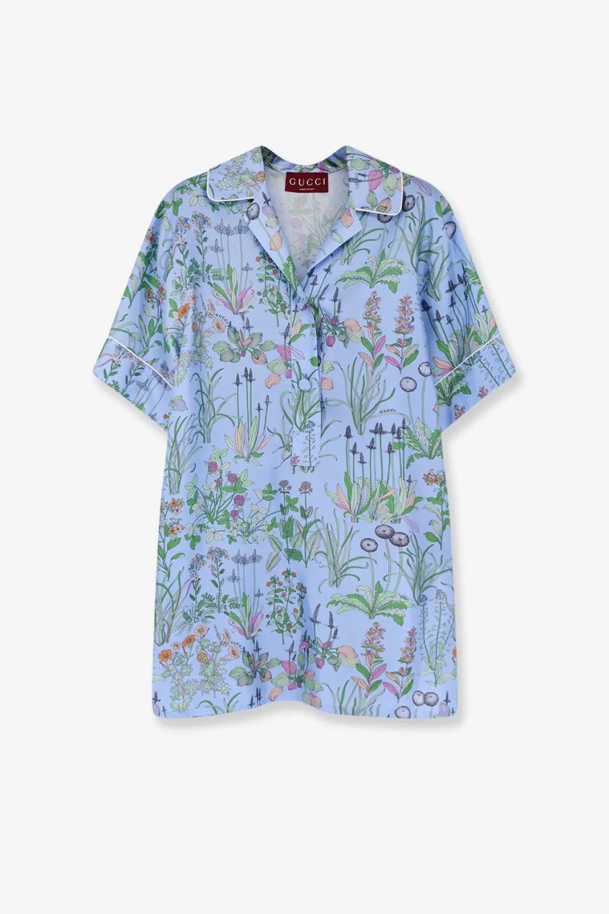 Light blue Gucci women’s printed silk short-sleeved shirt with detailed green pink and orange botanical floral print
