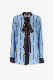 Gucci womens light blue silk twill blouse with bold gold chain print navy cuffs collar and ribbon ties