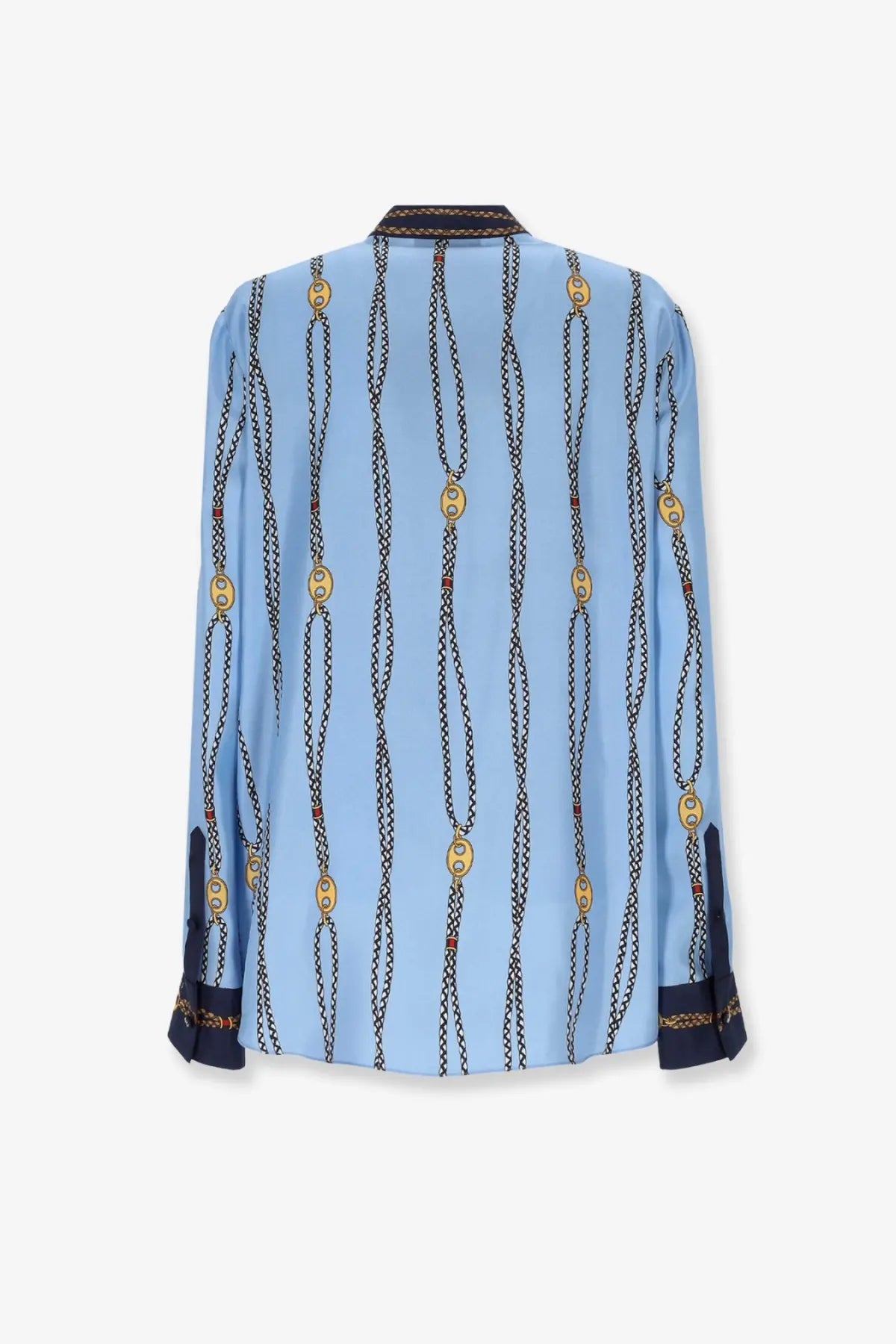 Gucci women’s light blue silk twill blouse with gold oval chain-link pattern and navy cuffs