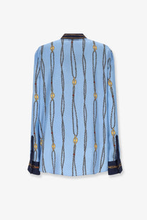 Gucci women’s light blue silk twill blouse with gold oval chain-link pattern and navy cuffs