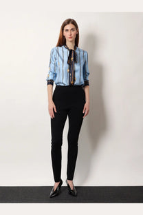 Gucci women’s light blue silk twill blouse with gold chain pattern and black tie front detail