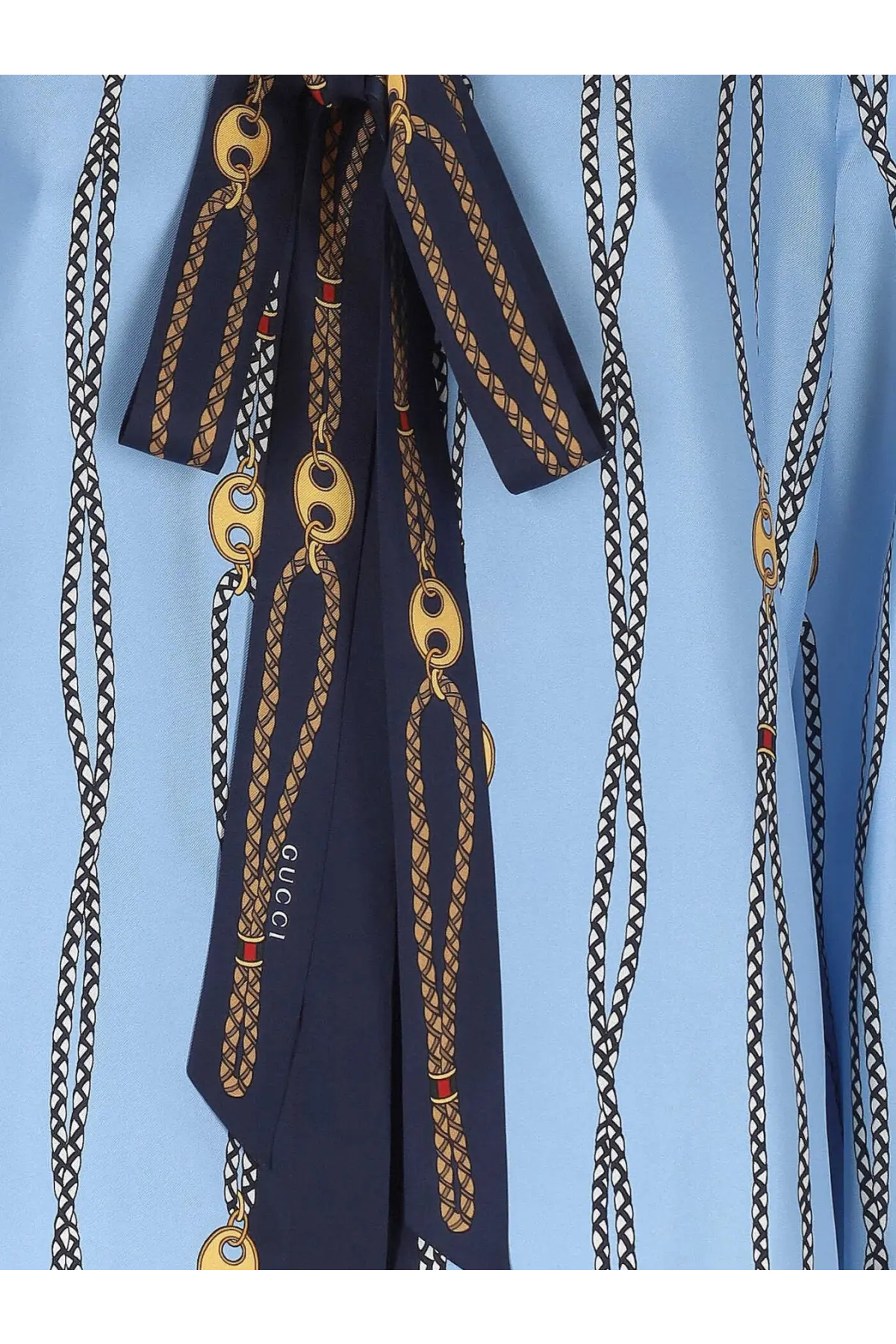 Gucci women’s printed silk twill shirt in blue with navy blue silk scarf featuring gold chain and o-ring print