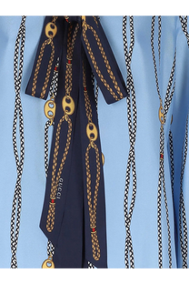 Gucci women’s printed silk twill shirt in blue with navy blue silk scarf featuring gold chain and o-ring print