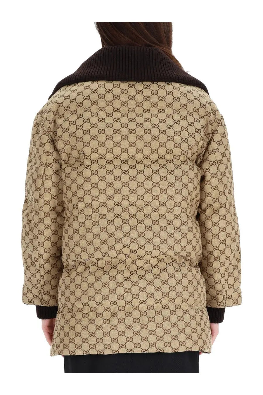 Beige and brown Gucci women’s quilted down jacket with interlocking G logo pattern and puffer design