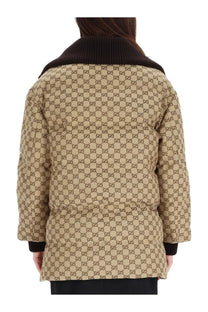 Beige and brown Gucci women’s quilted down jacket with interlocking G logo pattern and puffer design