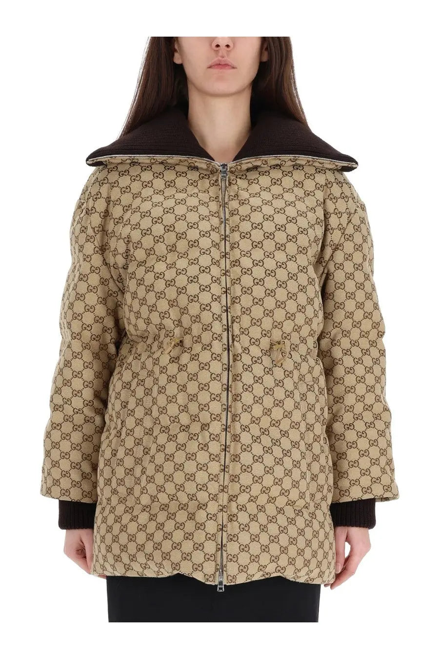 Beige Gucci women’s quilted down jacket with brown GG logo pattern and contrasting dark brown hood