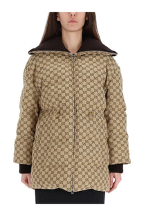 Beige Gucci women’s quilted down jacket with brown GG logo pattern and contrasting dark brown hood