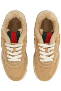 Gucci women’s RE web sneaker brown tan with plush beige lining and signature red and green striped tongue