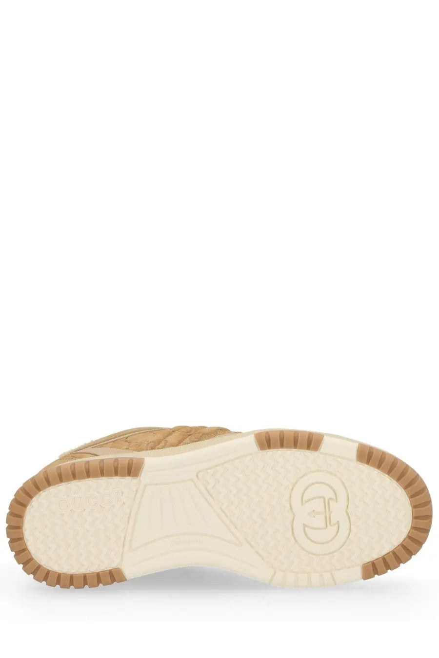 Back view of Gucci women’s RE web sneaker brown in tan suede with cream rubber sole and embossed logo on heel