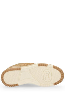 Back view of Gucci women’s RE web sneaker brown in tan suede with cream rubber sole and embossed logo on heel