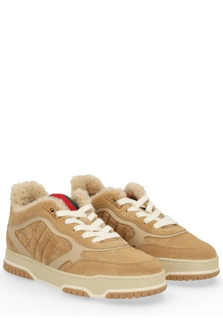 Gucci women’s RE Web sneaker brown tan suede high-top with plush shearling lining and beige rubber sole