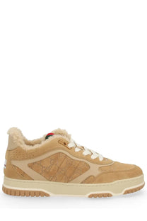 Gucci women’s re web sneaker brown in tan suede with shearling lining and tonal gg logo panels
