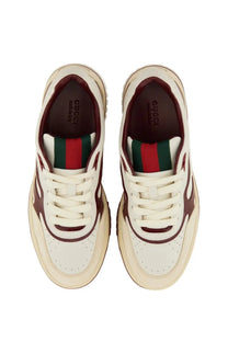 White and burgundy gucci women’s gucci re web sneaker with classic red and green striped tongue