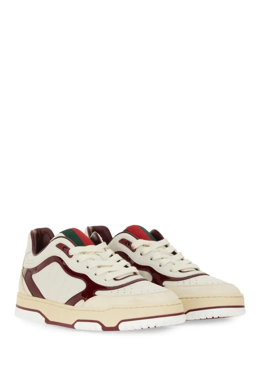 Cream and burgundy gucci women’s re web sneaker white with red green and white striped accents on the tongue