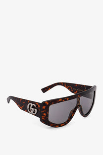 Gucci women’s rectangular acetate sunglasses with tortoiseshell frame and dark gray lenses