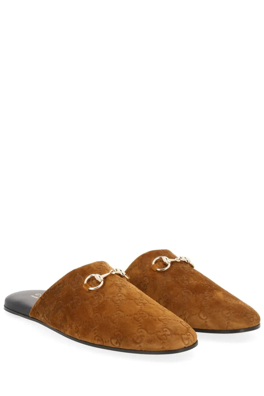 Gucci womens sabot brown brown suede mules with gold tone horsebit detailing front view