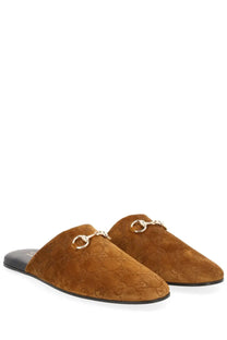 Gucci womens sabot brown brown suede mules with gold tone horsebit detailing front view