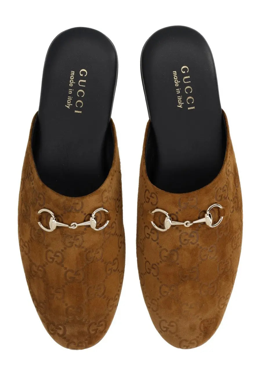 Tan suede gucci women’s sabot brown mules with silver horsebit buckle and embossed gg monogram pattern