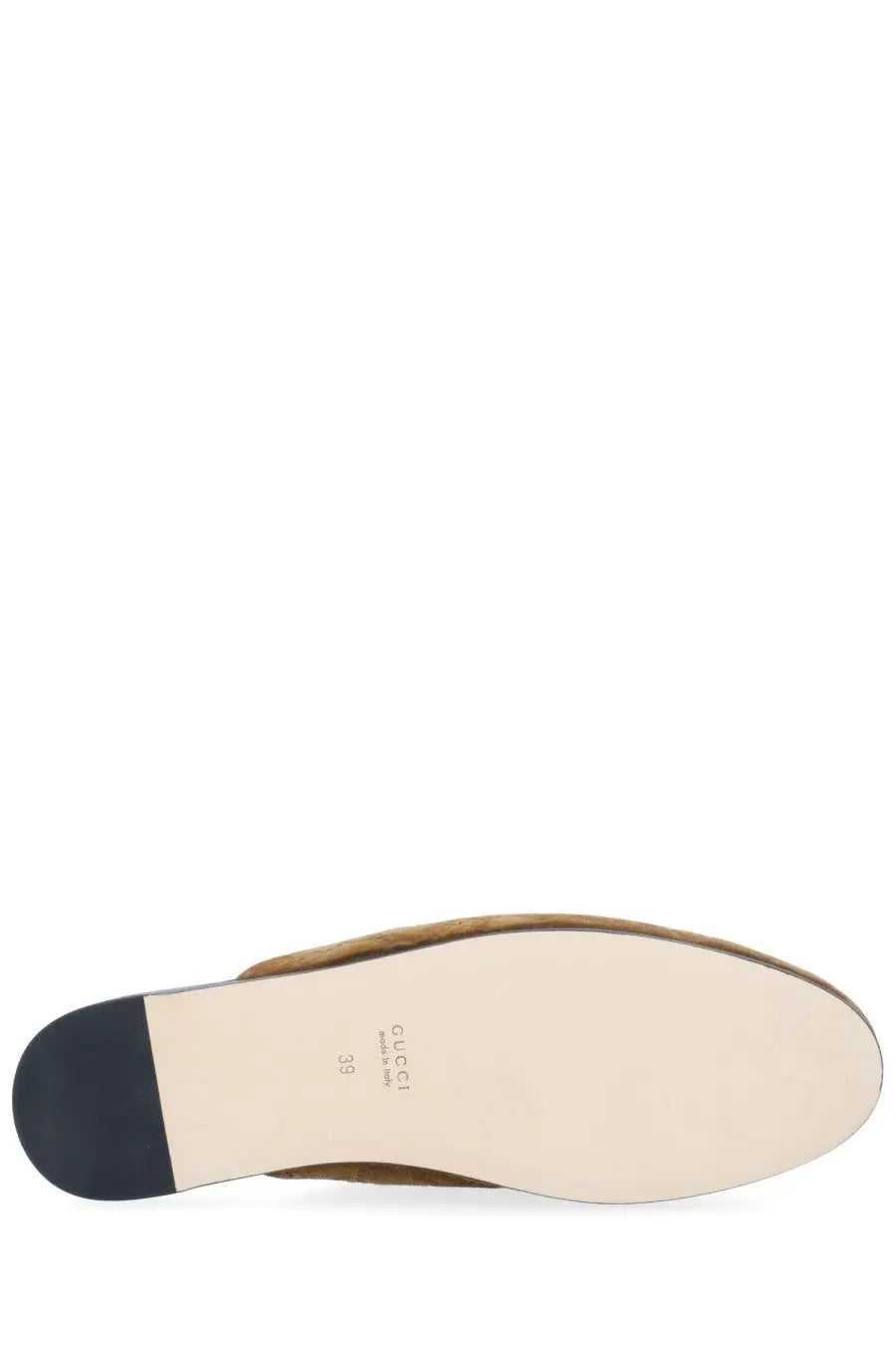 Tan suede gucci women’s sabot slip-on mule shoe with black rubber heel and beige insole