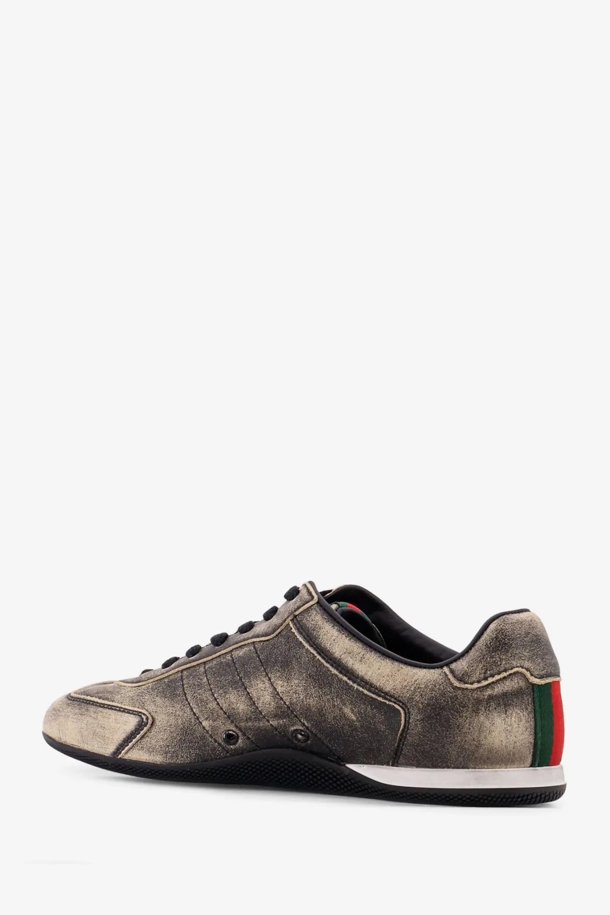 A distressed metallic gray Gucci women’s Shift Élavé leather sneaker with black laces and red green stripe heel back view