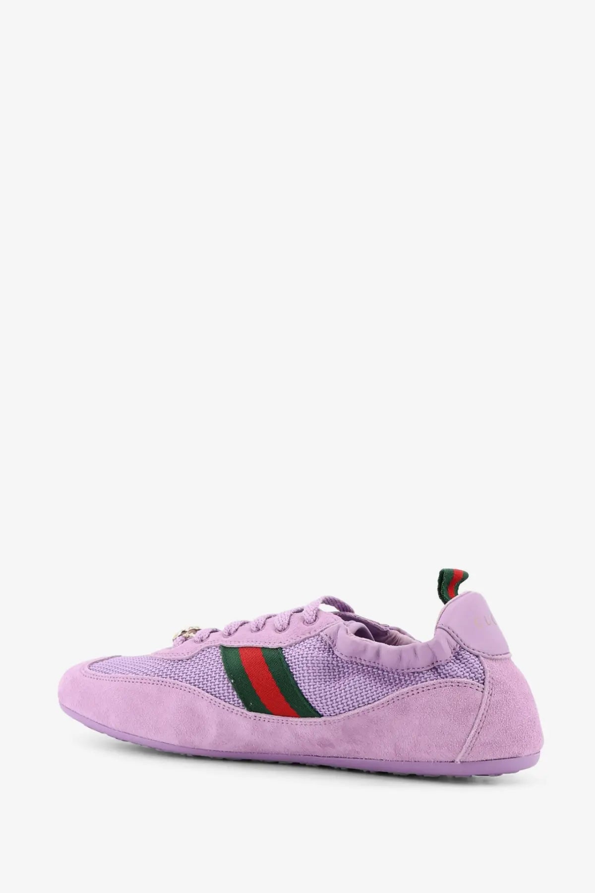Gucci women’s lavender sneakers with mesh and suede upper and green and red striped webbing on the side