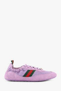 Lavender Gucci women’s shift sneakers with mesh and suede upper and red and green striped webbing on the side