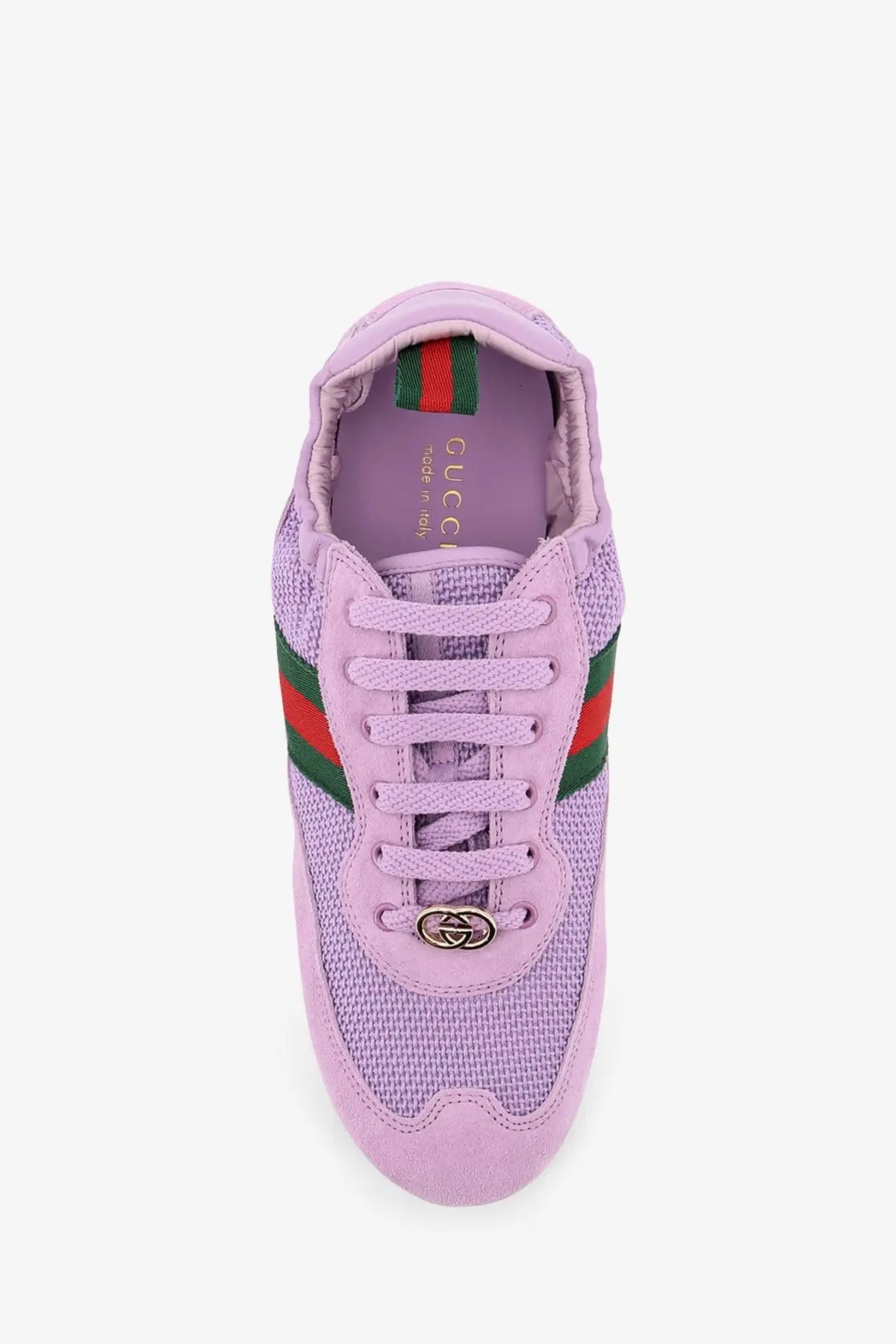 Lavender gucci sneaker with mesh upper red green side stripes and metallic gg logo on lace eyelet