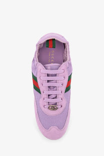 Lavender gucci sneaker with mesh upper red green side stripes and metallic gg logo on lace eyelet