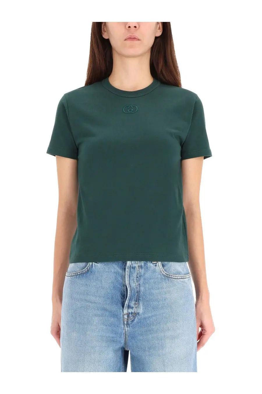 Gucci women’s green short-sleeved t-shirt with subtle embroidered logo on the chest made from soft fabric
