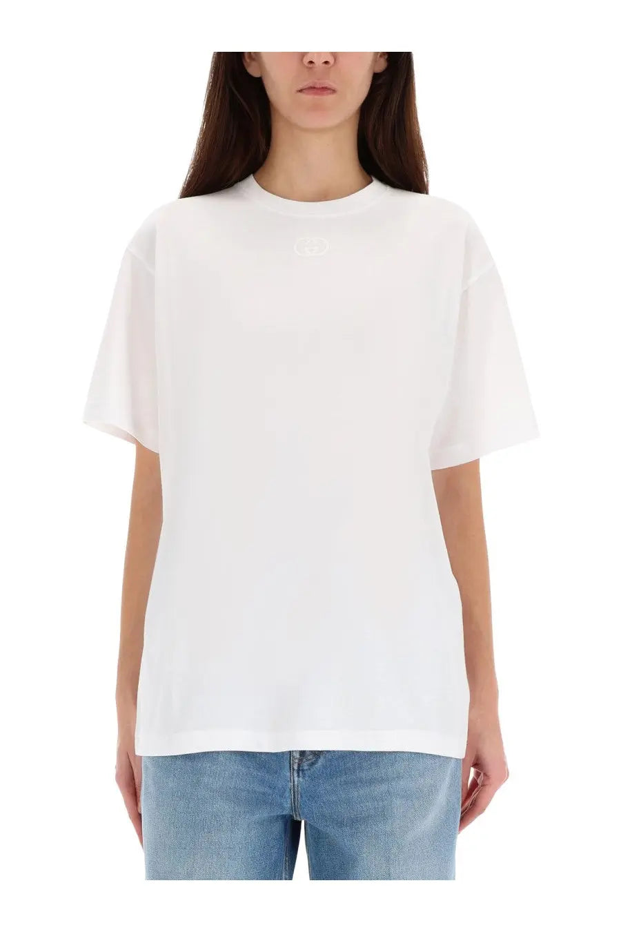Gucci women’s white oversized cotton t-shirt with subtle embroidered logo on the chest
