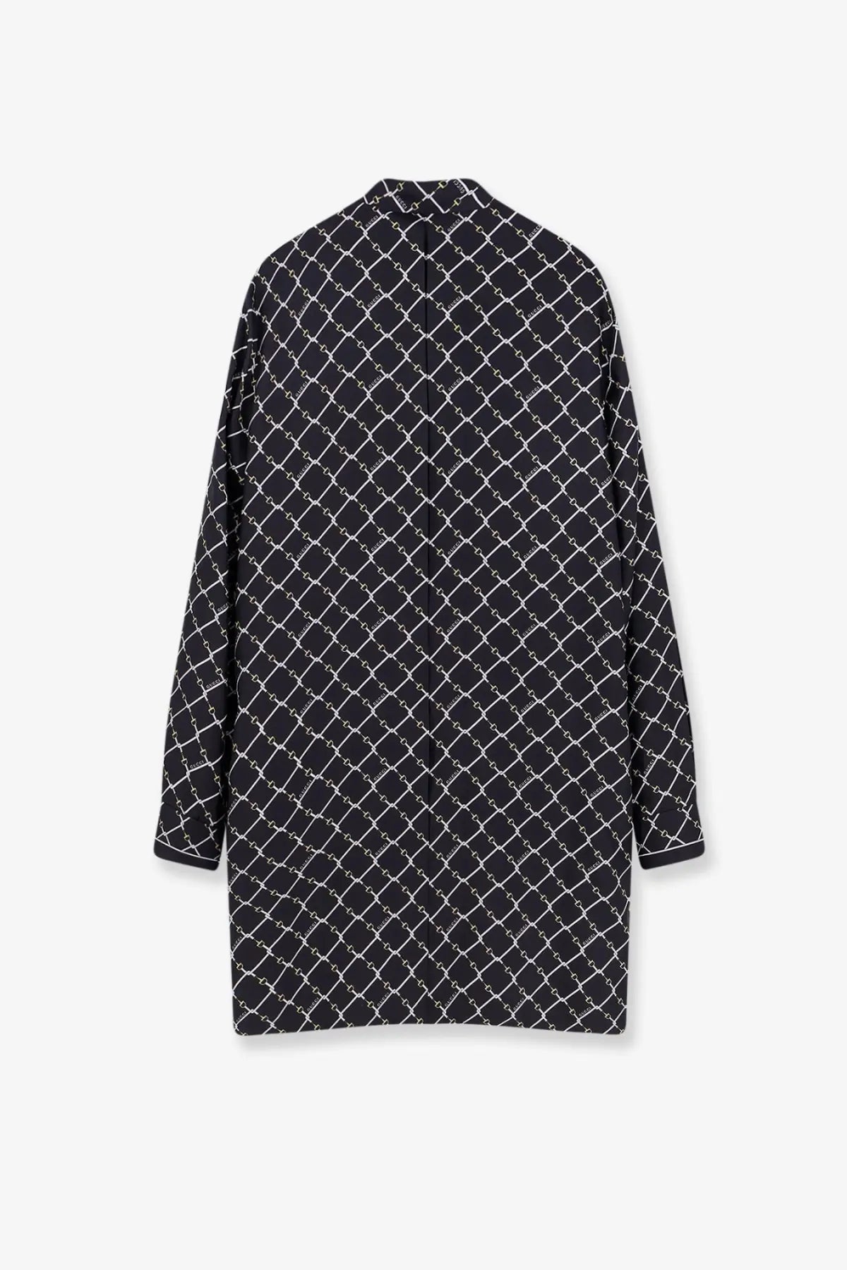 Gucci women’s short silk twill dress black with a white chain-link pattern on black coat fabric