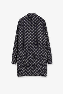 Gucci women’s short silk twill dress black with a white chain-link pattern on black coat fabric
