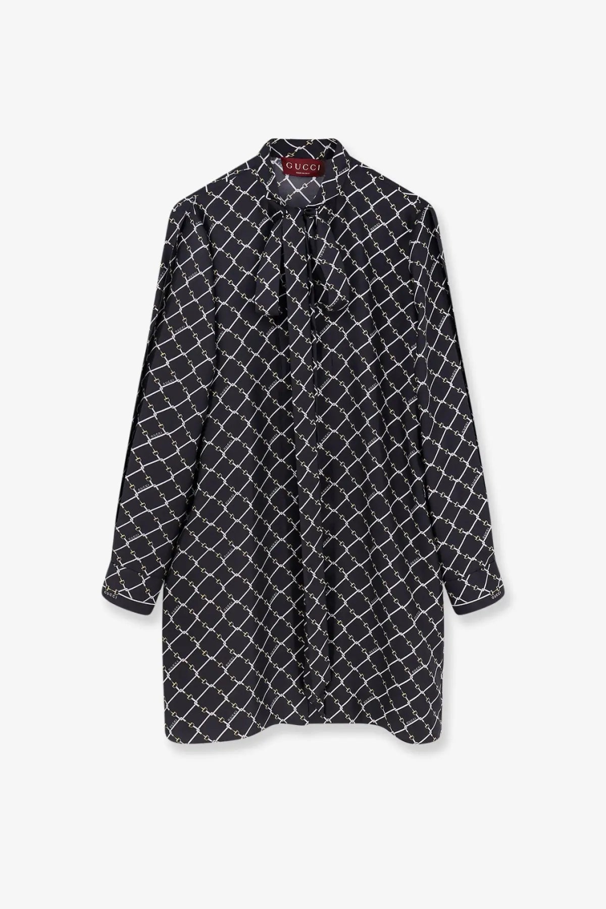 Black gucci women’s short silk twill shirt dress with white chain-link pattern and long sleeves