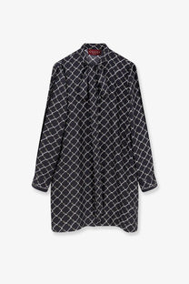 Black gucci women’s short silk twill shirt dress with white chain-link pattern and long sleeves