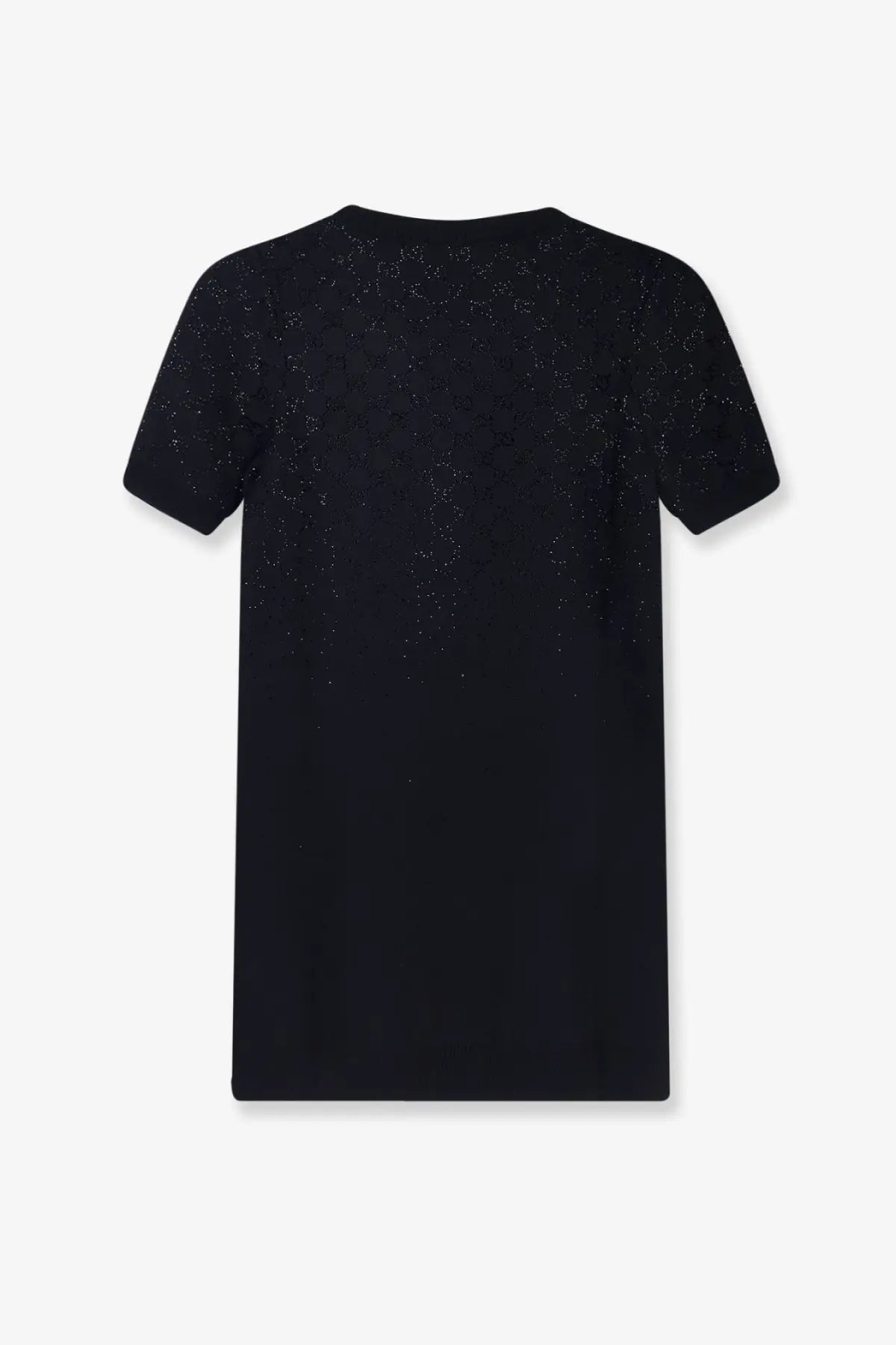 Back view of Gucci women’s black short wool dress with a subtle glittery pattern on shoulders and upper back